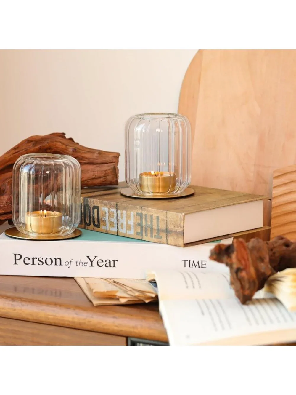 Set of 2 Lantern Style Tealight Candle Holders - Clear Glass & Metal Base